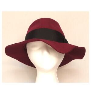 Womens Burgundy Fedora Hat Wide Brim Black Ribbon Band